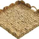 Extra Large Square Ottoman Table Tray 19.7" with Handles - Water Hyacinth Wicker Serving Wicker Tray for Farmhouse Decorative Oversized Coffee Table Living Room Kitchen Counter Breakfast Scalloped (20" x 20" x 2.4")