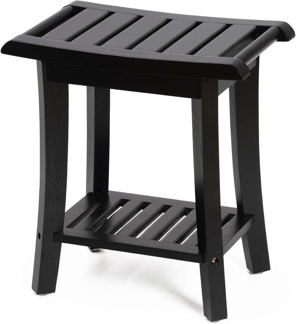 Bamboo Shower Bench Inside Shower Stool with Storage Shelf, Spa Bath Chair for Bathroom, Seat or Organizer for Living Room, Bedroom and Garden - Great for All Ages Unisex Elderly (Small, Black) (Small 16x10x17 Inch)