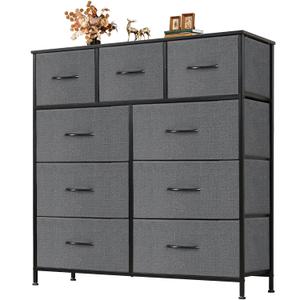 Dresser for Bedroom with 9 Drawers, Anti-Tip Fabric Storage Tower | Wood Top and Metal Frame Organizer for Clothes, Closet, Entryway, Hallway Furniture, Grey