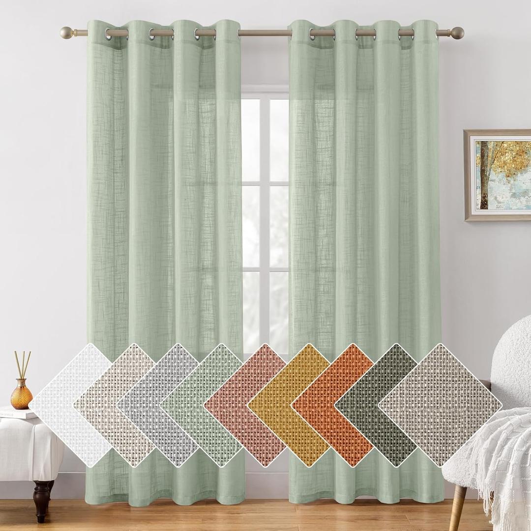 HOMEIDEAS Sage Green Linen Textured Sheer Curtains, 108 Inches Long 2 Panels Semi Sheer Curtains Farmhouse Window Drapes for Bedroom Living Room, 2 Panels, W52 x L108