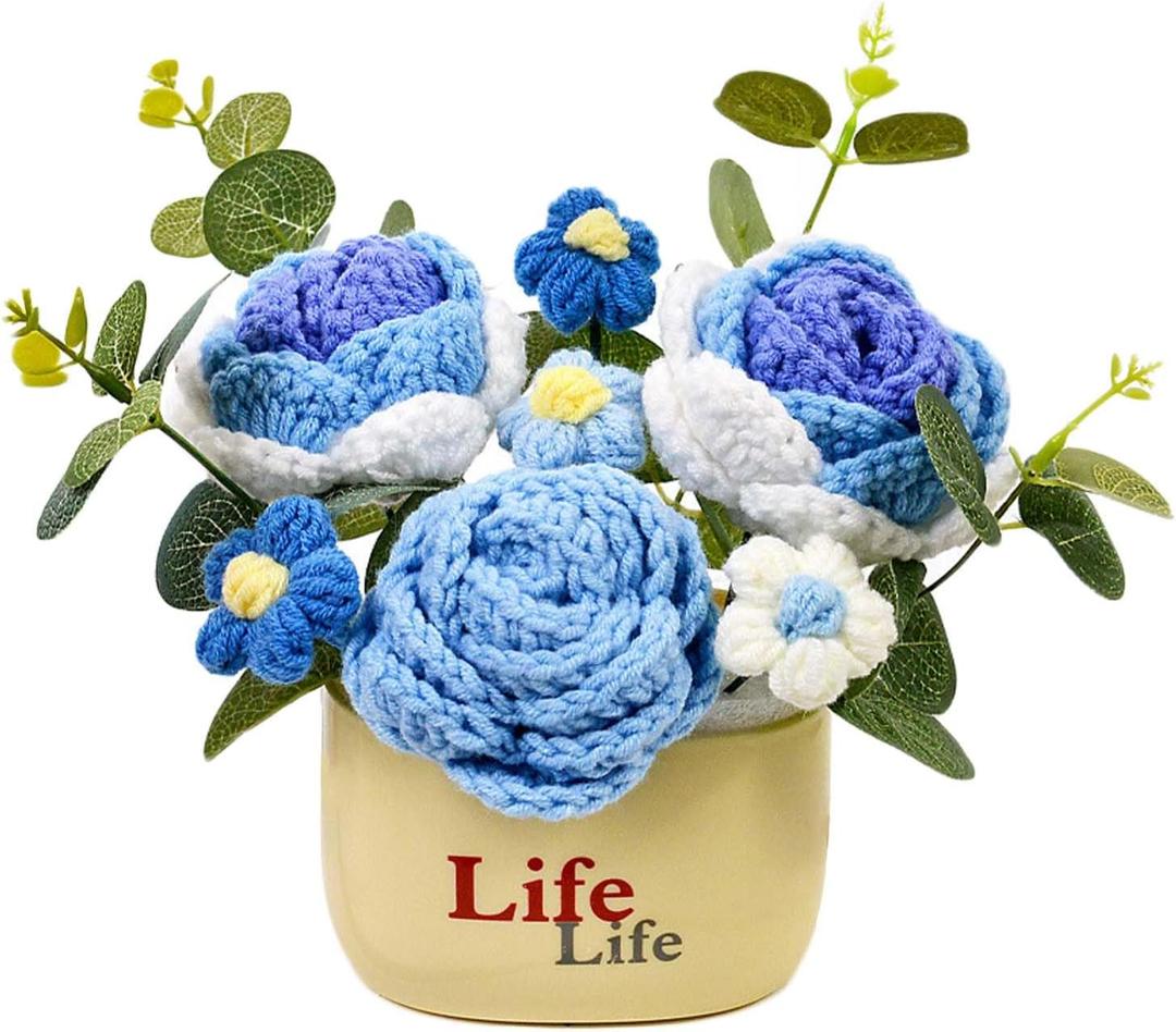 Knitting Crochet Flowers Potted Plants, Fake Sunflower and Knitted Puff Flowers for Friends, Family and Lover, Artificial Handmade Flowers for Birthday Wedding Gift and Home Decor (Blue Roses)
