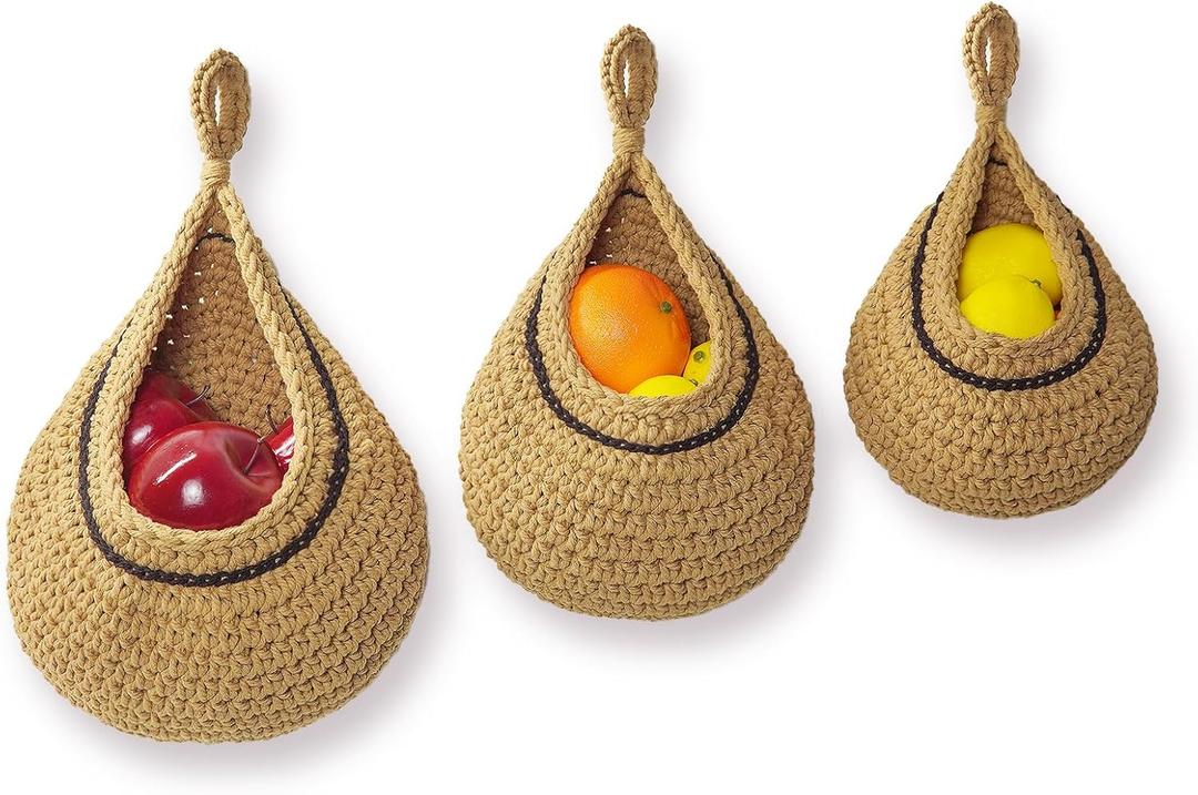 Hanging Storage Basket - 3 Pcs Hanging Fruit Baskets for Kitchen Boho Woven Wall Baskets for Restaurant Wall Home Organizing Fruits Vegetable Potato Kitchen Storage(Brown)