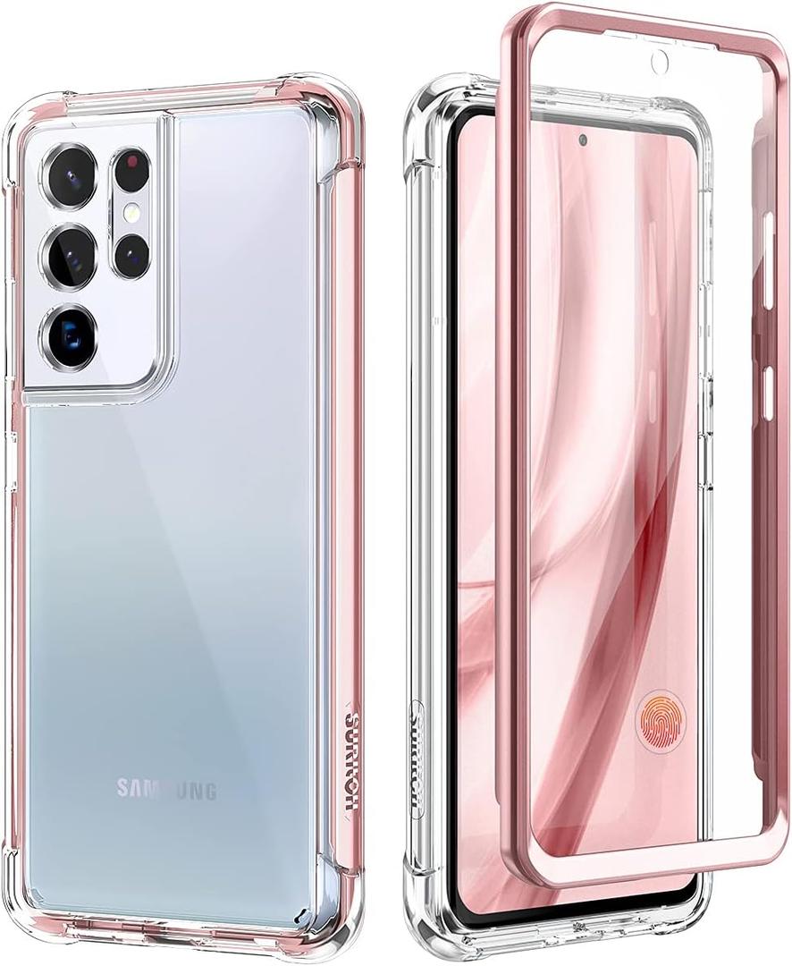 SURITCH for Samsung Galaxy S21 Ultra Clear Case 6.8", [Built-in Screen Protector] Full Body Protective Hard Shell+Soft TPU Phone Case for Samsung S21 Ultra -(Rose Gold Edge)