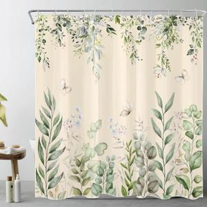 LB Sage Green Eucalyptus Leaves Shower Curtain Watercolor Leaf Butterfly Beige Bathroom Shower Curtain Nature Plant Bathroom Decor with Hooks 72x72 Inch Waterproof Polyester Bath Curtain