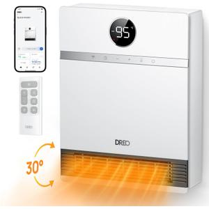 Dreo Smart Wall Heater, IP24 Electric PTC Space Heaters for Indoor Use, 30 Oscillation, Adjustable Thermostat, Remote Control, Works with Alexa, 24H Timer, Easy-mounted for Bedroom, Office, Home (White)