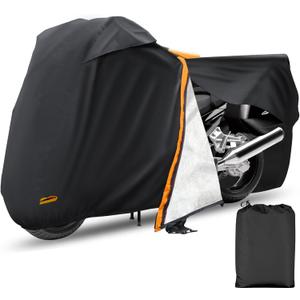 Motorcycle Cover,Waterproof Zipper Outdoor Cover for All Seasons Windproof, High Heat Resistance Dustproof and Rainproof Snowproof(Orange Zipper XXXL Fits Up to 116 inch)