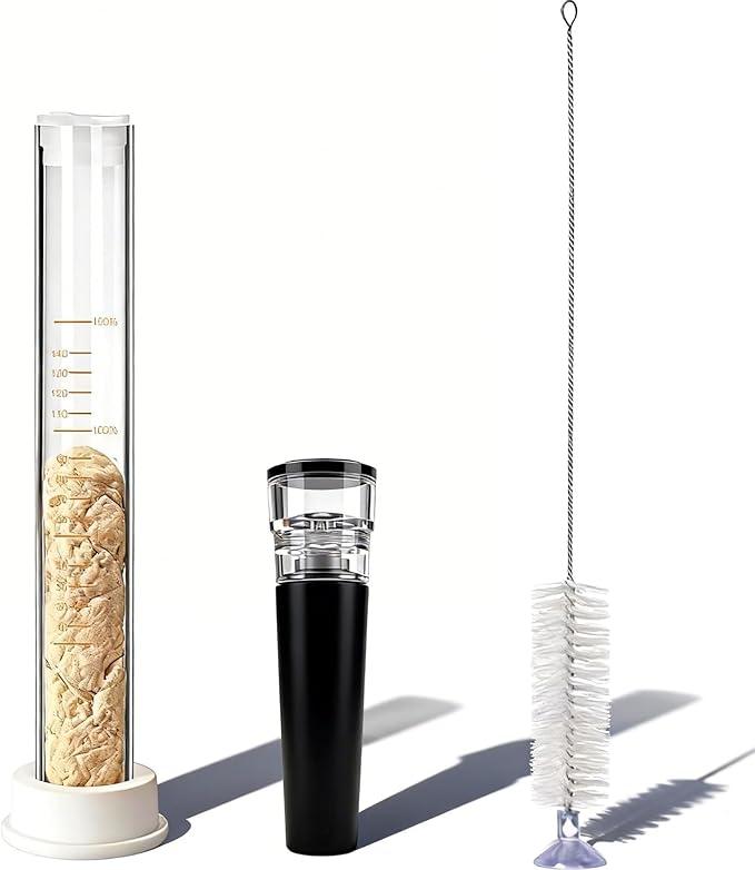 Sourdough Aliquot Jar Kit - Precision Dough Starter Fermentation Tracker Tools, Glass Rise Measuring Tube with 0-150% Scale, Pump, Silicone Base & Cleaning Brush for Artisan & Home Bread Baking
