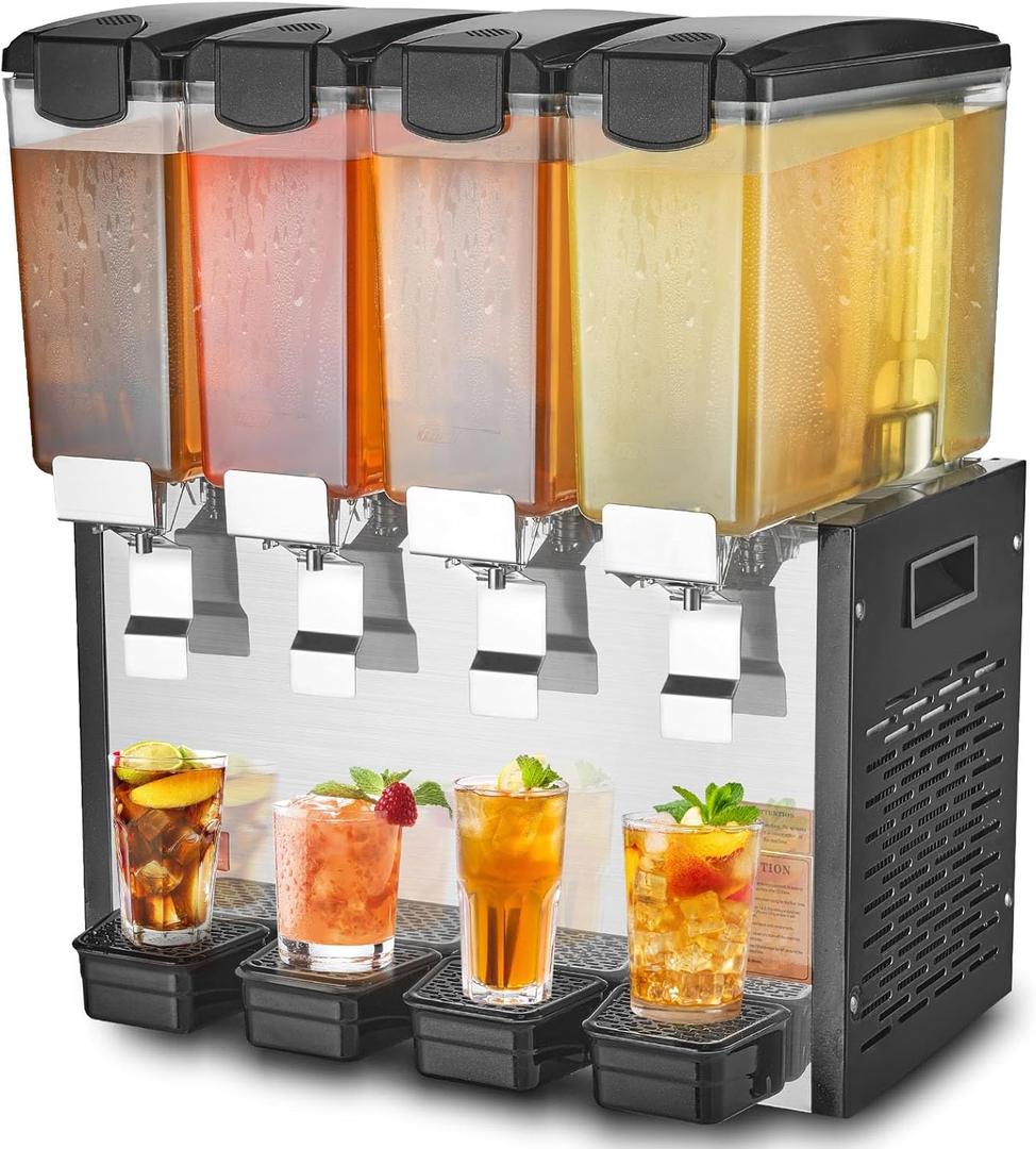 VEVOR Commercial Beverage Dispenser, 4 Tanks Juice Dispenser, 10 L / 10.6 QT Per Tank, 430W Stainless Steel Ice Tea Drink Machine with 45℉ to 54℉ Cooling Temp, for Cold Drink Restaurant Bar Party