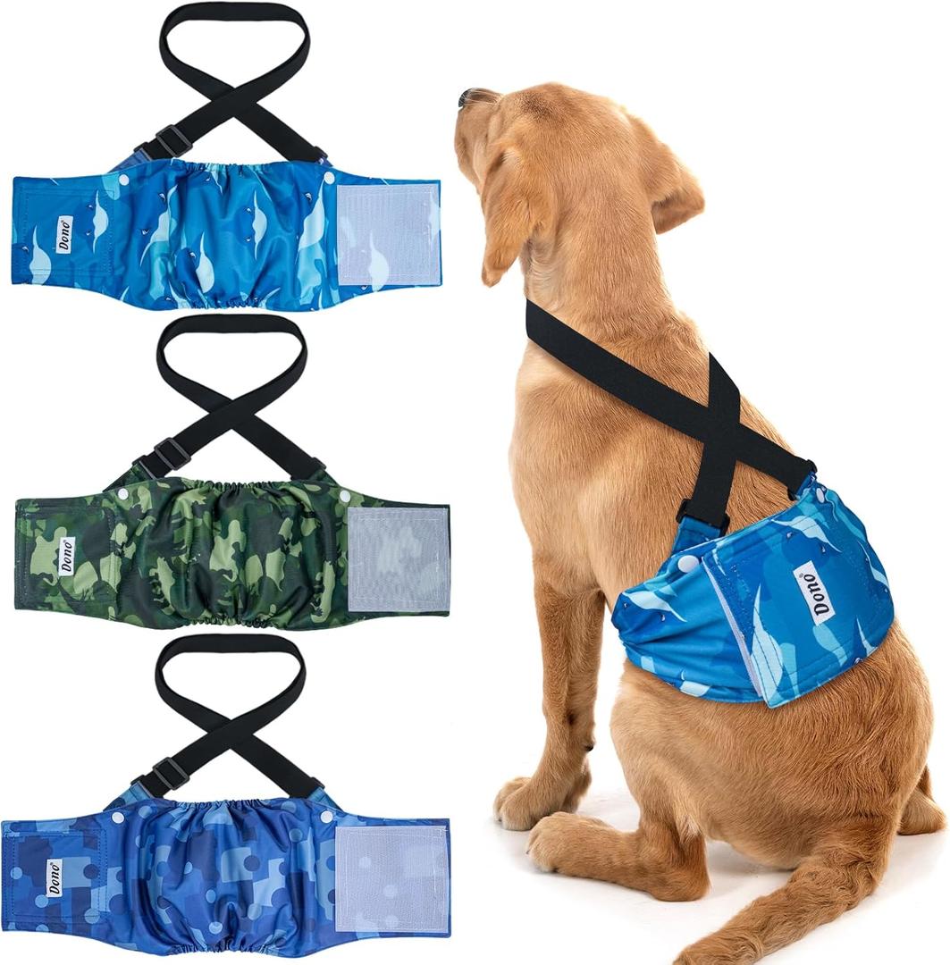 Dono Reusable Belly Bands for Male Dogs with Suspender, 3 Pack Washable Dog Diapers Male, High Absorbency Male Dog Wraps, Leakproof Doggie Puppy Doggy Diapers, Sharks Dinosaurs Trucks, Small (Small (9''-12''))