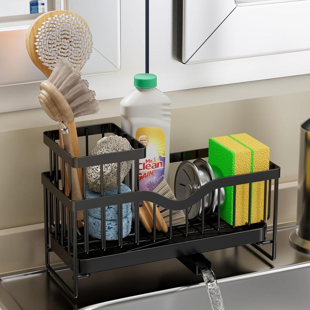 Generic Sink Caddy Organizer, Black Metal Kitchen Counter Sponge Holder with 360° Auto-Drain Tray, 9.8x3.9 Inch, 2-Compartment Storage for Cleaning Supplies