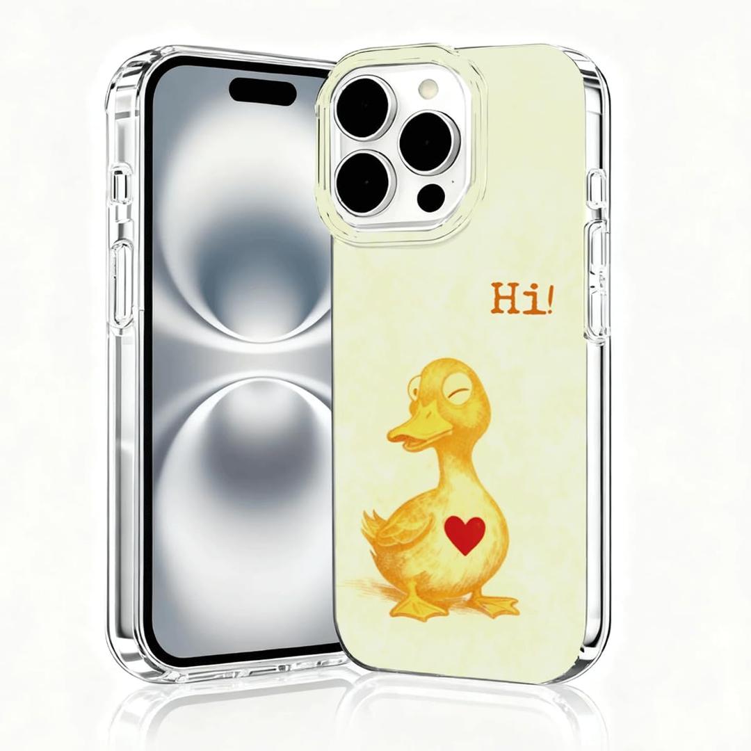 For iPhone 16 Pro Max Case, Animal Print Case for iPhone 16 Pro Max, Scratch Resistant Shockproof Cover, Aesthetic Clear Phone Cover, Hi Little Yellow Duck Love Heart, Cute Duck Cases（B095）