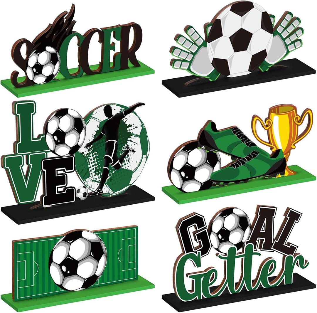 Suzile 6 Pcs Soccer Table Top Decorations Centerpieces Wooden Green Black Football Sign Soccer Theme Birthday Party Decor Detachable Football Tabletop Decor for Boys Kids Bday Party