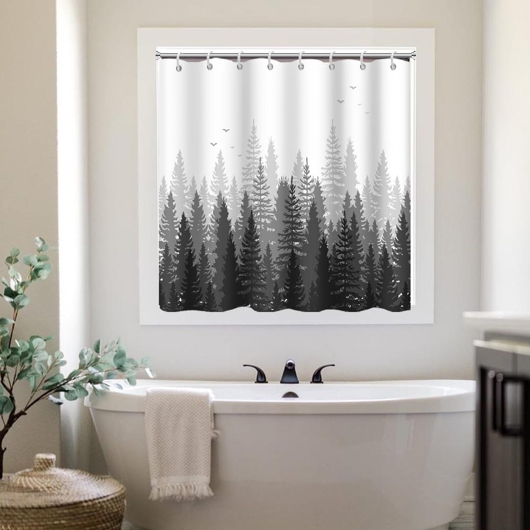 Shower Window Curtain, Abstract Gray Forest Small Short Waterproof Bathroom Window Curtain with Hooks, 60x48 Inch (Grey)