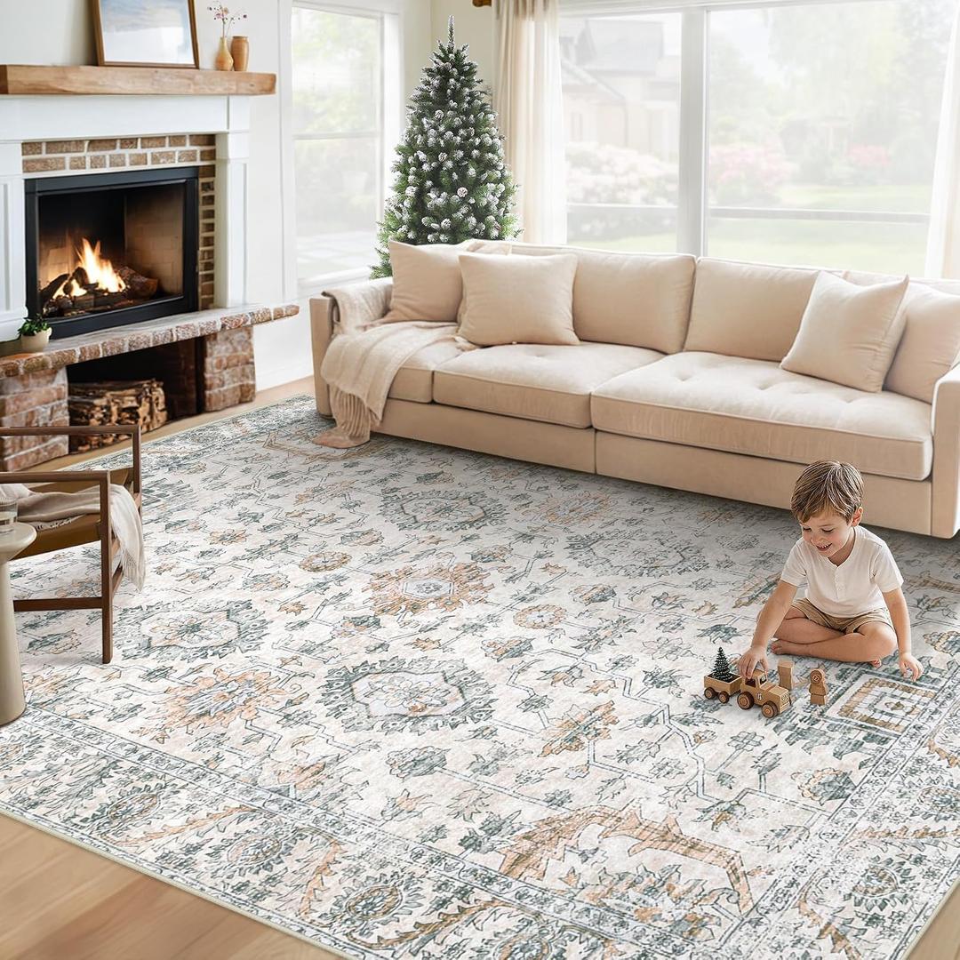 XLUEZ Area Rug 6x9 Living Room Rug, Machine Washable Vintage Distressed Boho Area Rug Non-Slip Soft Low Pile Large Indoor Rugs for Bedroom Kitchen Dining Room Office(Brown Green,6'x9')