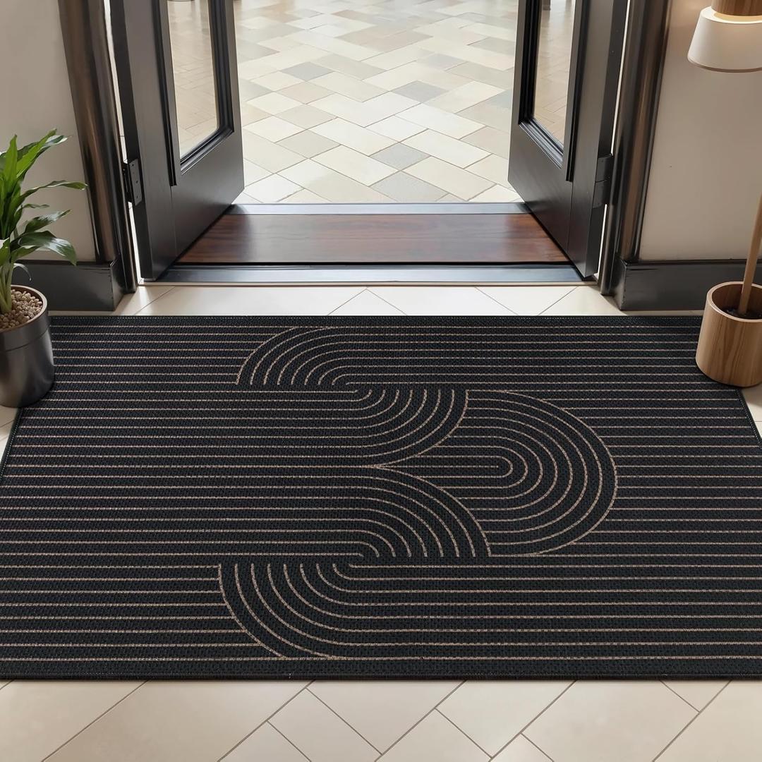 Tangsoo Rainbow Easy Jute Rug 2x4 Small Throw Rugs for Entryway,Washable Ultra Thin Outdoor Door Mat, Black Geometric Non-Slip Indoor Floor Carpet for Entrance Kitchen Hallway Bedroom Front Porch