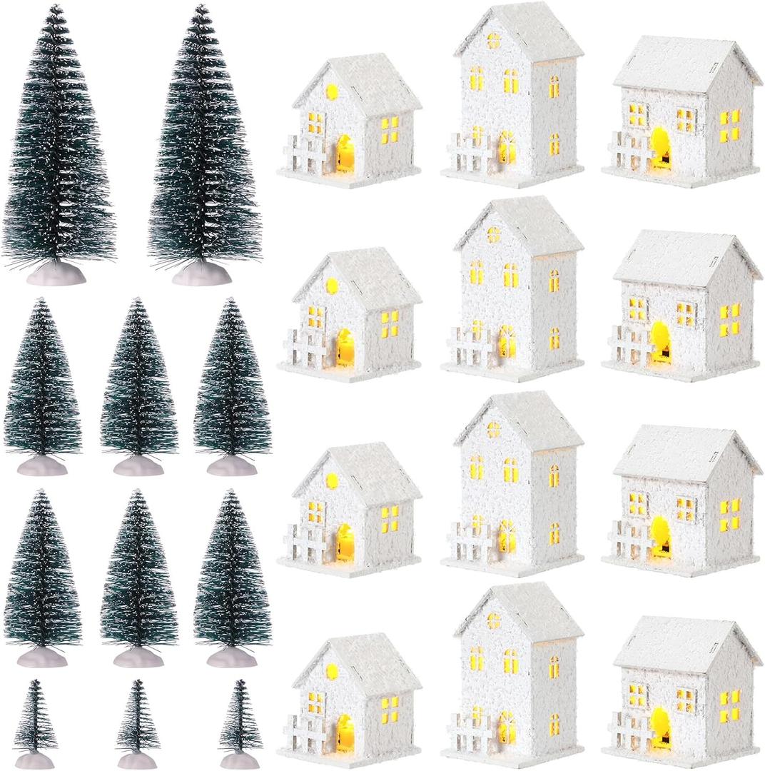 Kajaia 12 Pieces Christmas Winter Houses Village with 12 Pieces Trees Lamp LED Lights Christmas Winter Village Figurine Town Building Accessory for Thanksgiving Halloween (White,Cute Style)