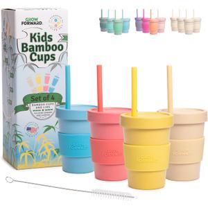 Grow Forward Bamboo Kids Cups with Lids and Straws - 10oz Drinking Cups for Kids with Childproof Twist Lids & Silicone Straws - Eco Friendly, BPA Free, Non Toxic & Dishwasher Safe - Paradise