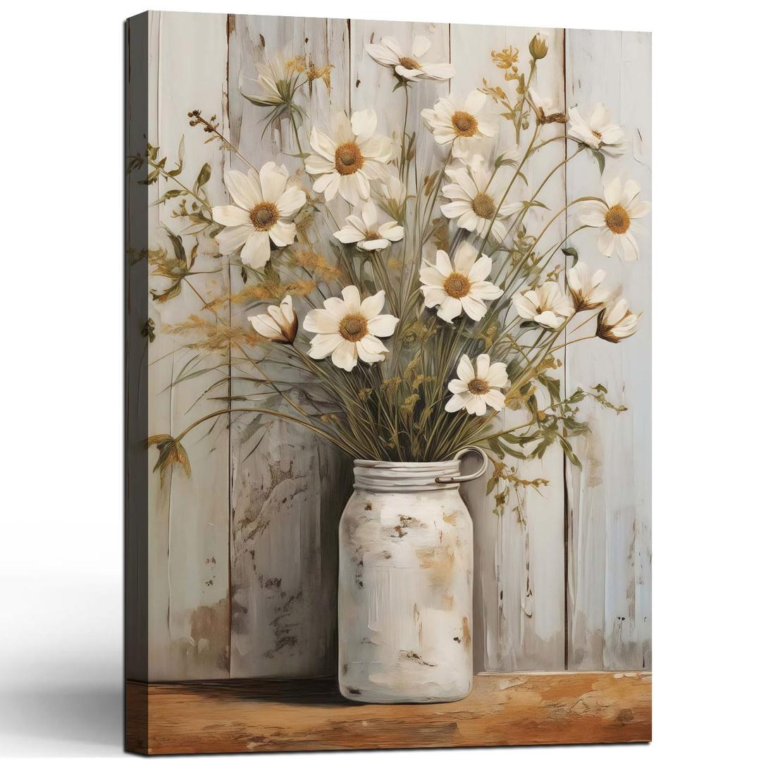 Framed Daisy Jar Vintage Flowers Wall Art Decor Canvas Print Country Poster Gallery Picture Country Plants Farmhouse Art Painting Kitchen Bathroom Living Room Decor 16x24 Inch Ready to Hang
