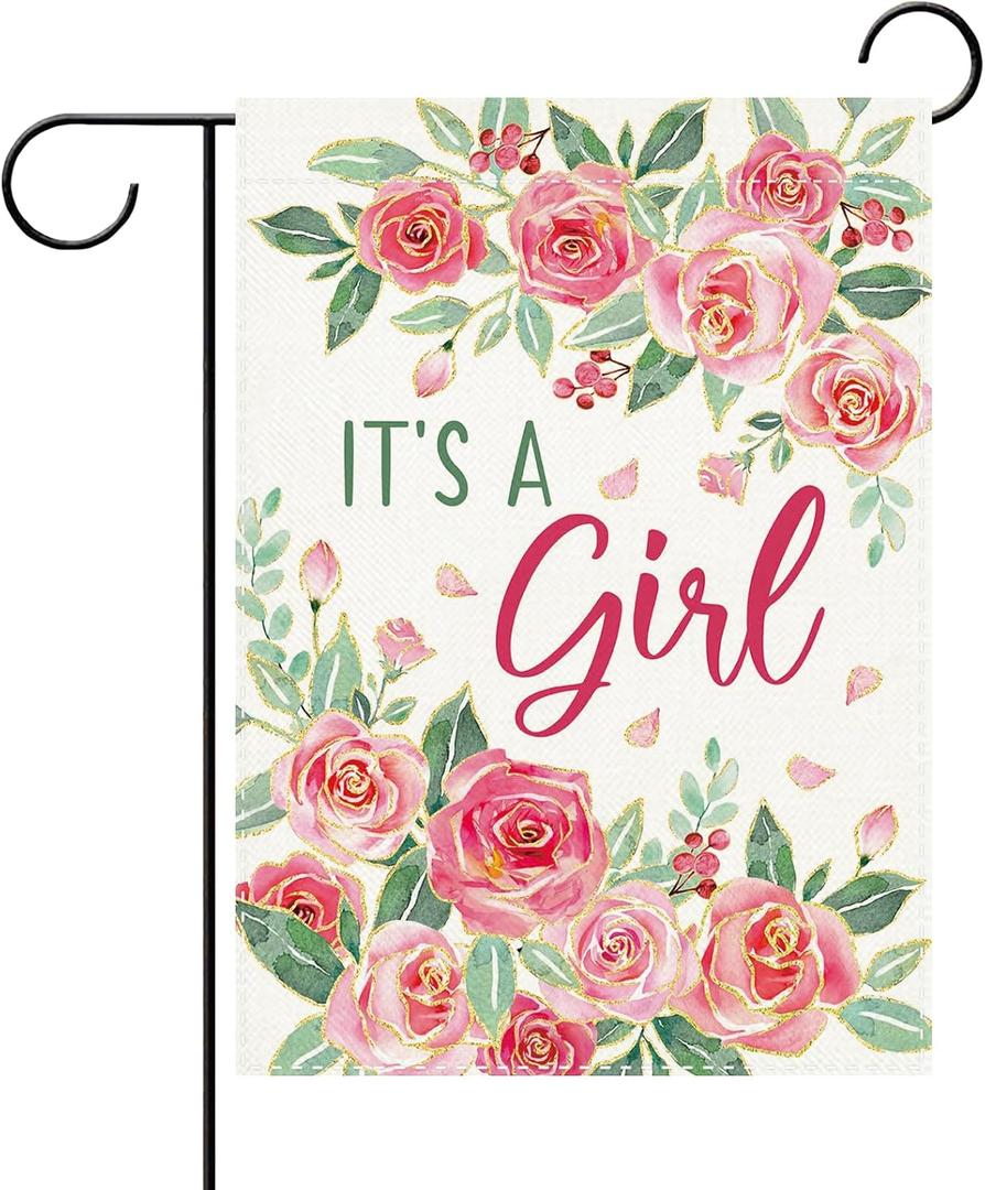 It's a Girl Pink Rose Flower Decorative Garden Flag, New Birth Gender Reveal Small Yard Outside Decorations Gift for New Dad Mom, Baby Shower Baptism Party Outdoor Home Decor Double Sided 12x18