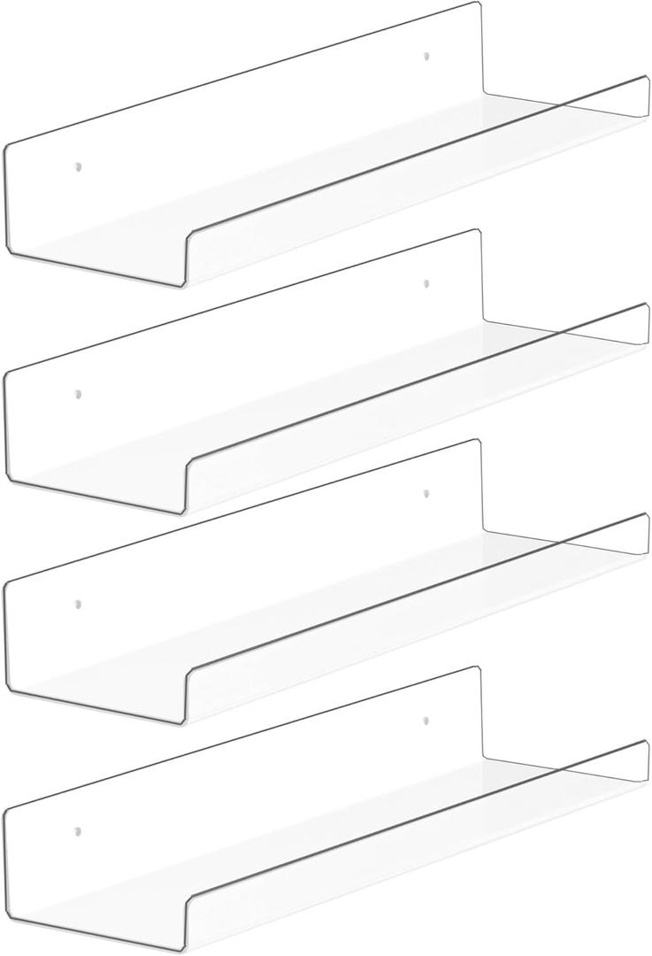 4 Pack Acrylic Shelves for Wall Storage,15" Floating Bookshelves for Kids, Display Shelf for Bathroom, Bedroom,Decor, Clear (3.9X15 inches)