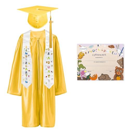 GraduatePro Kindergarten Graduation Cap and Gown Package Class of 2025 for Kids with Stole Certificate as Party Gift Gold 27