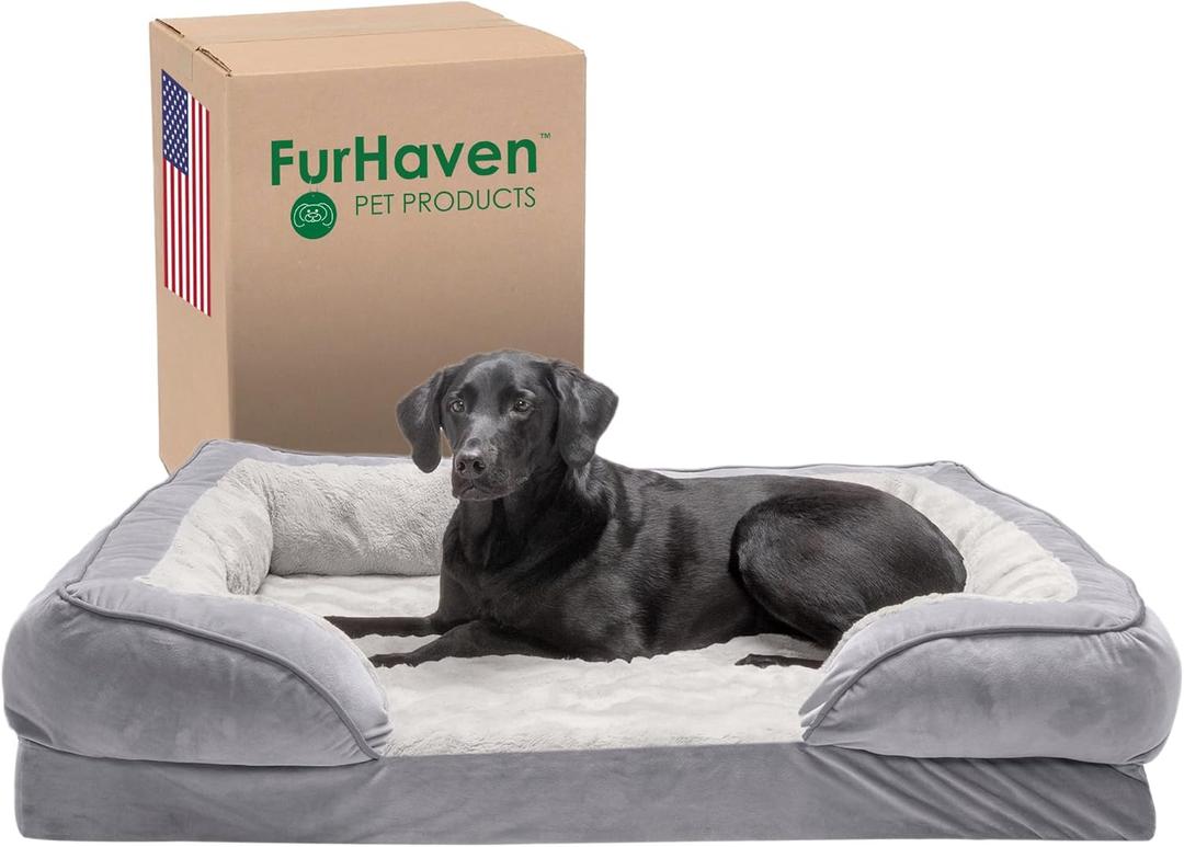 Furhaven Orthopedic Dog Bed for Large Dogs w/ Removable Bolsters & Washable Cover, For Dogs Up to 95 lbs - Plush & Velvet Waves Perfect Comfort Sofa - Granite Gray, Jumbo/XL
