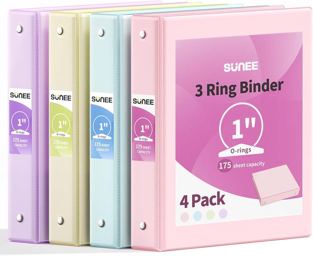 SUNEE 3 Ring Binder 1 Inch 4 Pack, Clear View 1" Binders Three Ring PVC-Free (Fit 8.5x11 Inches) for School or Office Supplies, Assorted Pastel