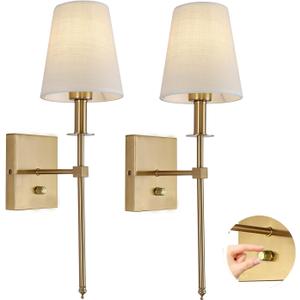 Dimmable Wall Sconces Set of 2, Gold Bathroom Vanity Lighting Fixtures, Modern Gold Wall Light with On Off Switch for Living Room Bedroom Hallway, 2 Pack