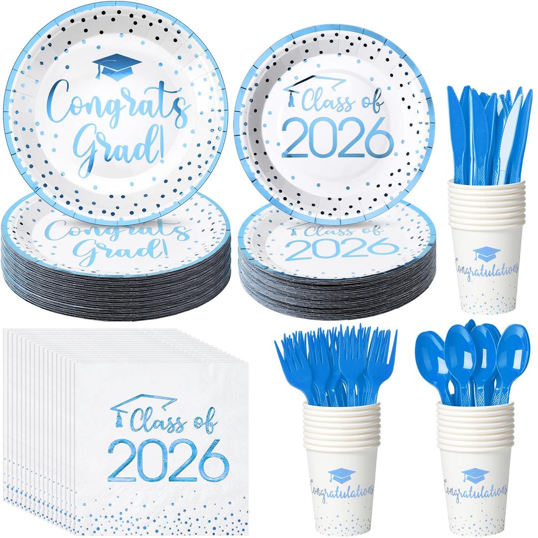 700pcs Class of 2026 Graduation Plates and Napkins Set, Disposable Paper Plate Set Polka Dots Napkins Cups Knife Fork Spoon for Graduation Party Decorations and Supplies,Serve 100(White LightBlue)