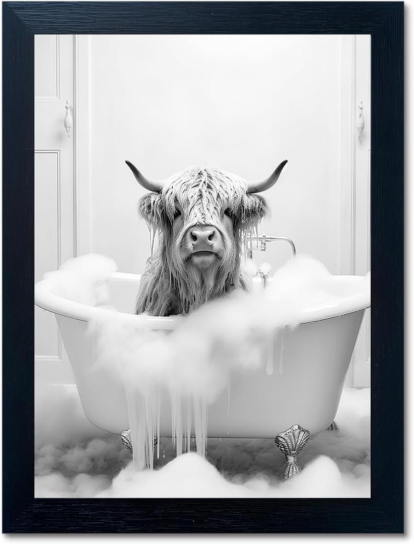 Highland Cow in Bathtub Wall Decor for Bathroom, Funny Animal Painting Pictures Canvas Wall Decor, Cute Animal Poster Art for Bathroom, Modern Black Frame Canvas Prints Ready to Hang 16"x20" (PH-009)