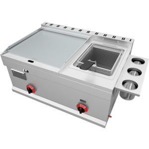 Flat Top Grill Deep Fryer Combo, Commercial 2 in 1 Stainless Steel Gas Griddle with 2 Burners, Double Burner Liquefied Gas Deep Fryer Propane for Teppanyaki Frying Outdoor (26.8in  18.5in  12.6in)