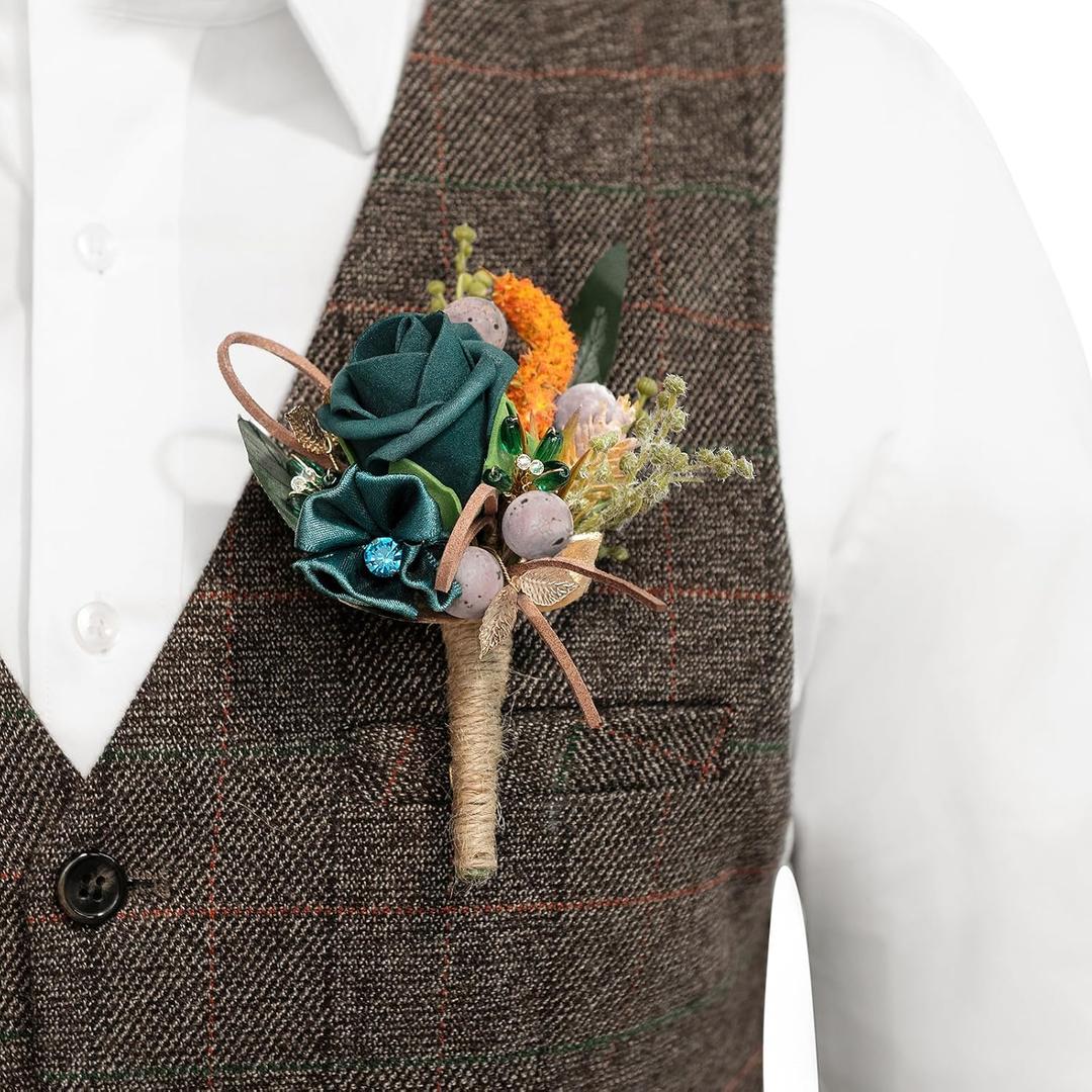 Ling's Moment Single Boutonniere for Man Groom, Artificial Flowers for Wedding Decor/Prom/Homecoming/Graduation, etc. Dark Teal Orange