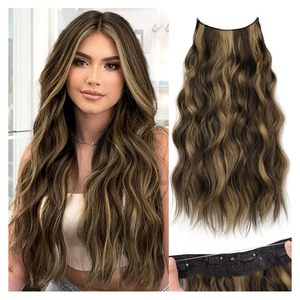 KooKaStyle Invisible Wire Hair Extensions with Transparent Headband Adjustable Size 4 Secure Clips Long Wavy Highlight Synthetic Hairpieces 20 Inch Balayage Chocolate Brown to Caramel Blonde for Women