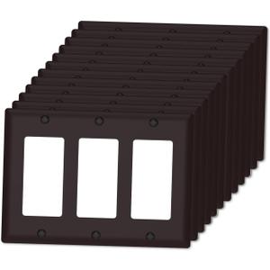 3-Gang Switch Outlet Electrical Cover Plate, Unbreakable Impact Resistant Faceplate Cover for Light Switch, Dimmer, GFCI, Receptacle, Standard Size 4.5x6.38, Brown Finish, 12 Pack