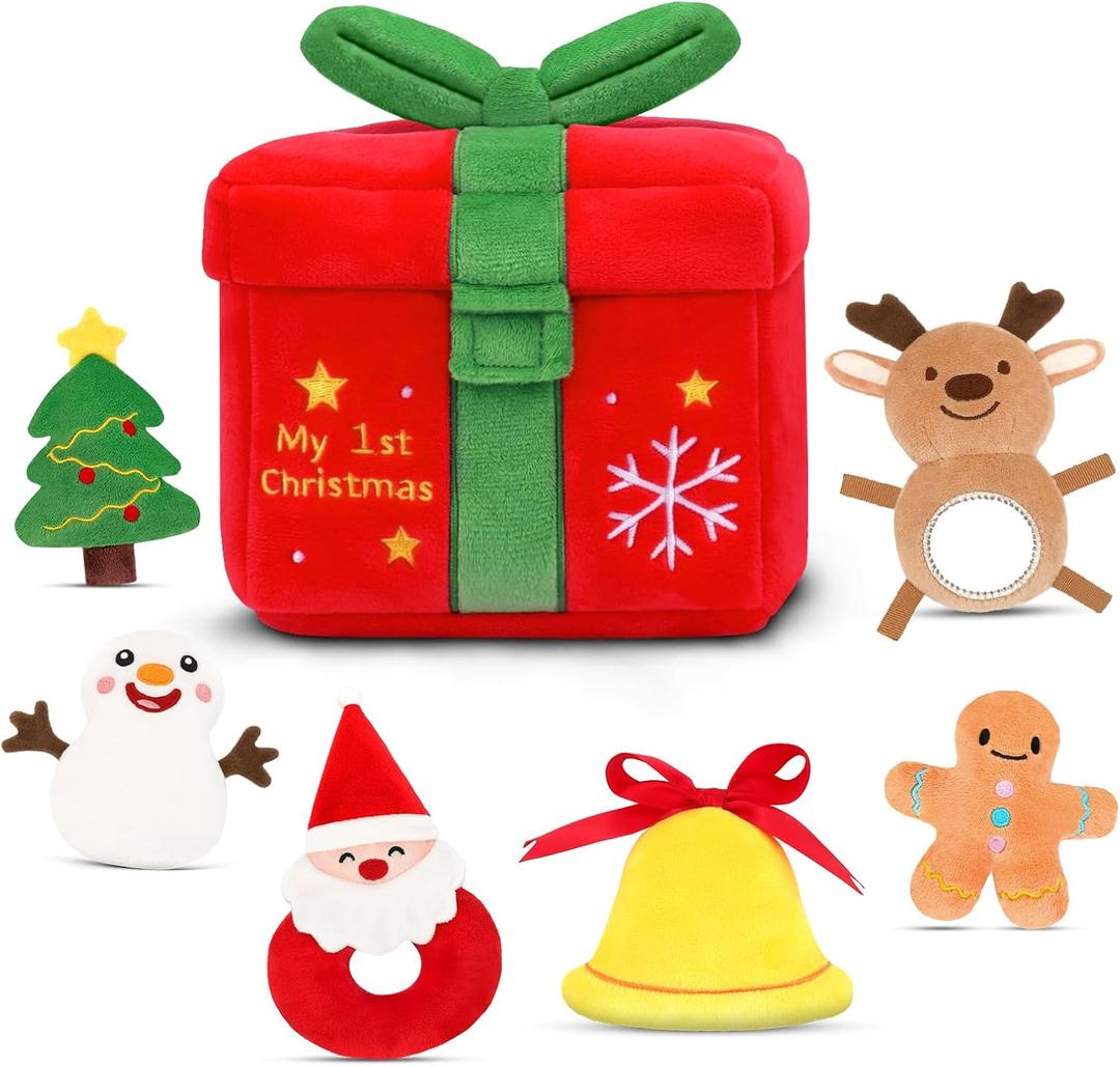 TOYSYM My First Plush Christmas Box Plush Playset 7PCS Plushies Gingerbread Bell Santa Claus Christmas Tree Snowman Elk with Mirror Plushy for Girls Boys