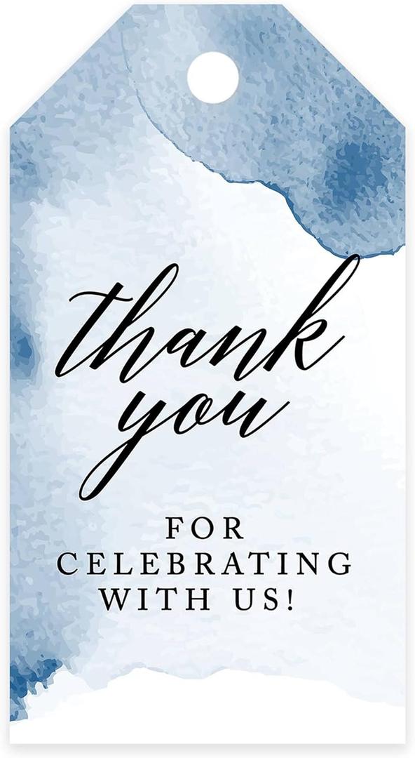 Andaz Press 100-Pack Thank You For Celebrating With Us Favor Tags Navy Blue Watercolor Cardstock Gift Tags with Bakers Twine for Wedding Baby Shower Bridal Shower Birthday Party Favors 2 x 3.75-Inches