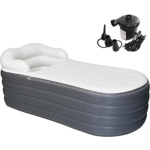 B&Y Inflatable Soaking Bathtub for Adult, 66'' Large Portable Ice Bath Tub Family Home Spa Soaking Tub with Zipper Cover, Designed with Headrest, Cup Holder (Air Pump Included) (168x76x68cm)