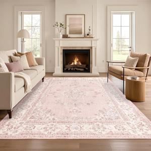 6x9 Area Rugs Washable: Oriental Soft Area Rug for Bedroom Living Room No Shedding - Low Pile Thin Carpet for Dining Room Non Slip - Boho Vintage Home Decor - Soft Pink