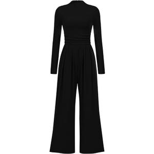 PRETTYGARDEN Womens Jumpsuit Dressy Casual Spring Fall Fashion One Piece Outfits Long Sleeve Mock Neck Wide Leg Pants Rompers (XX-Large, Black)