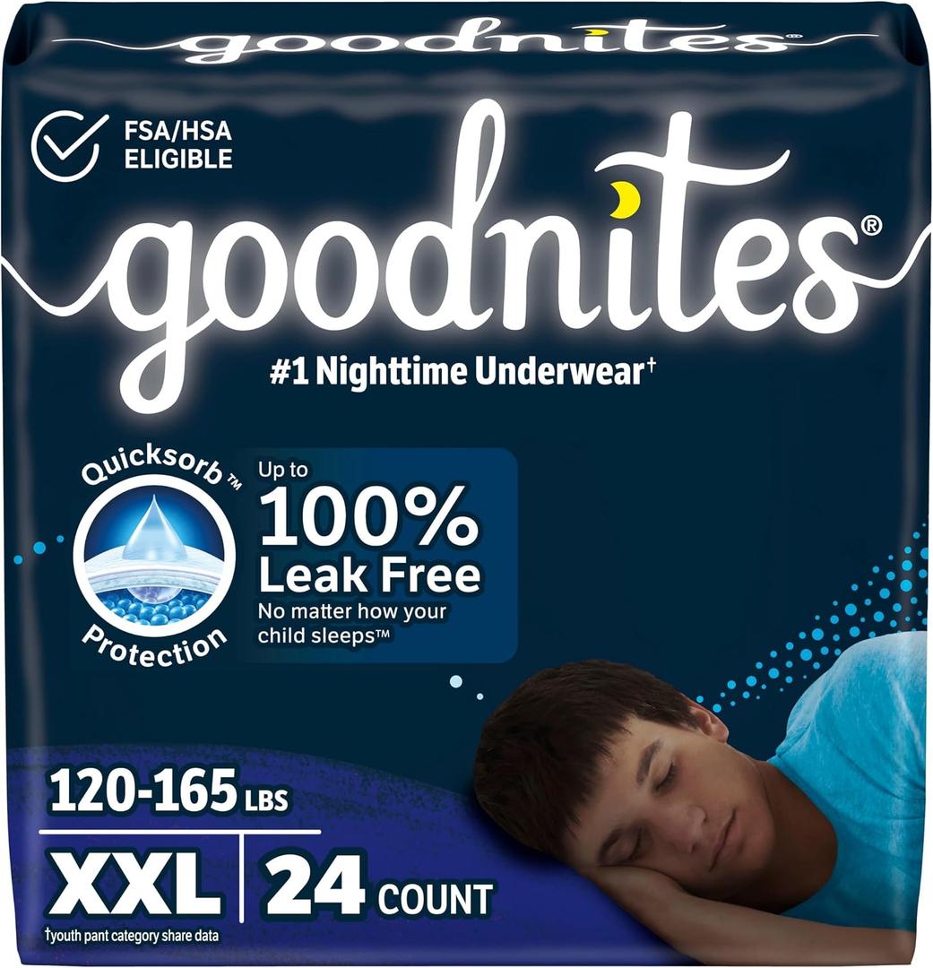 Goodnites Boys' Nighttime Underwear, Size XXL (120-165 lbs), 24 Ct (2 Packs of 12), Packaging May Vary