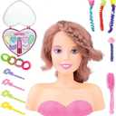 Makeup and Hair Styling Doll Head Toy Kit - Kids Pretend Play Set with Real Washable Cosmetics and Style Accessories for Little Girls