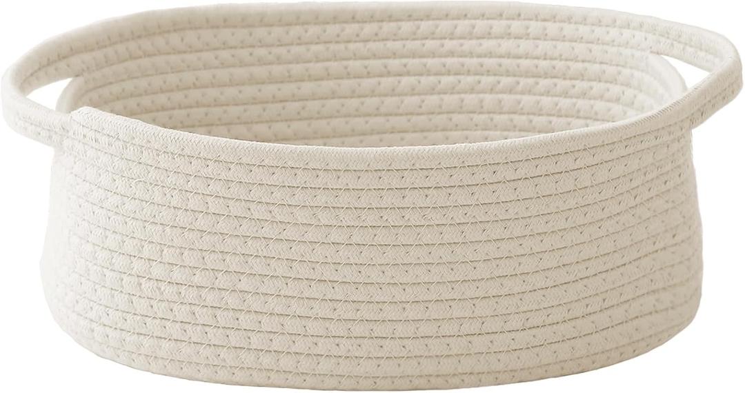 JMvicyroam Woven Basket,Small Rope Storage Bin with Handles & Ribbon Bag, Organizer for Shelves Closets,Gift Basket Empty for Birthday,Books,Dog Toys,White (1 Pack)