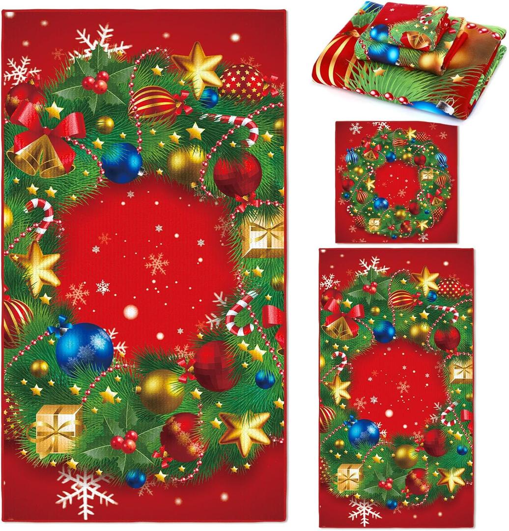 Preboun 3 Pack Christmas Bathroom Towels Set Christmas Wreath Hand Towels for Bath Decor Winter Dish Snowflake Wash Cloth for Bathroom Kitchen Hotel Beach Gym Spa (Red)