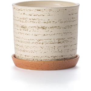 6 Inch Plant Pot: Ceramic Planter with Drainage Hole & Saucer - Flowerpot for Indoor & Outdoor Plants with Separate Tray for Home & Office - Brush Color