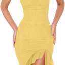BORIFLORS Women's Sexy Ruched Bodycon Midi Dresses Square Neck Sleeveless Ruffle Hem Club Party Tank Dress (Yellow, Small)