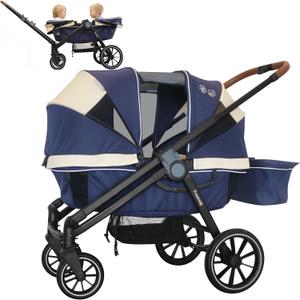 Wagon Stroller for 2 Kids, Double Seat, All-Terrain with Removable UV-Protection Canopy, Adjustable Push/Pull Handle, Cup Holders & Snack Tray for Baby and Toddler