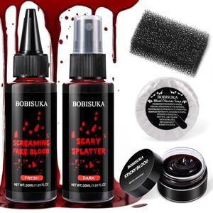 BOBISUKA 5PCS Halloween Fake Blood Kit – Dripping Fresh Blood, Dark Spray Blood, Coagulated Gel, Cleansing Soap, Stipple Sponge – Realistic Washable SFX Makeup for Zombie, Vampire Monster & Cosplay