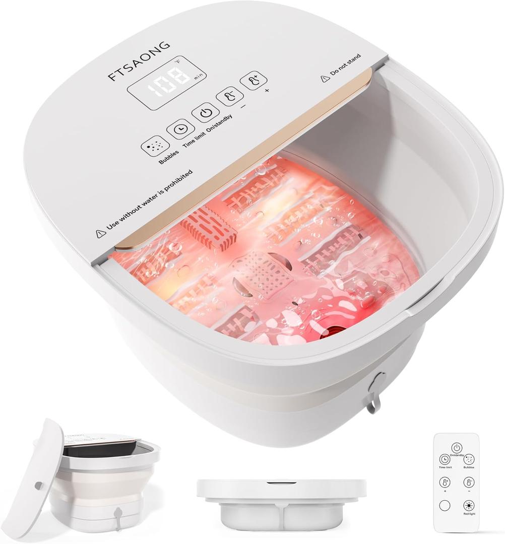 Collapasible Foot Spa Bath Massager with Heat, Pedicure Foot Spa with Bubbles and Jets/Timer/Temperature Control, Feet Soak Tub for Home, Office, Relaxation and Stress Relief (White)