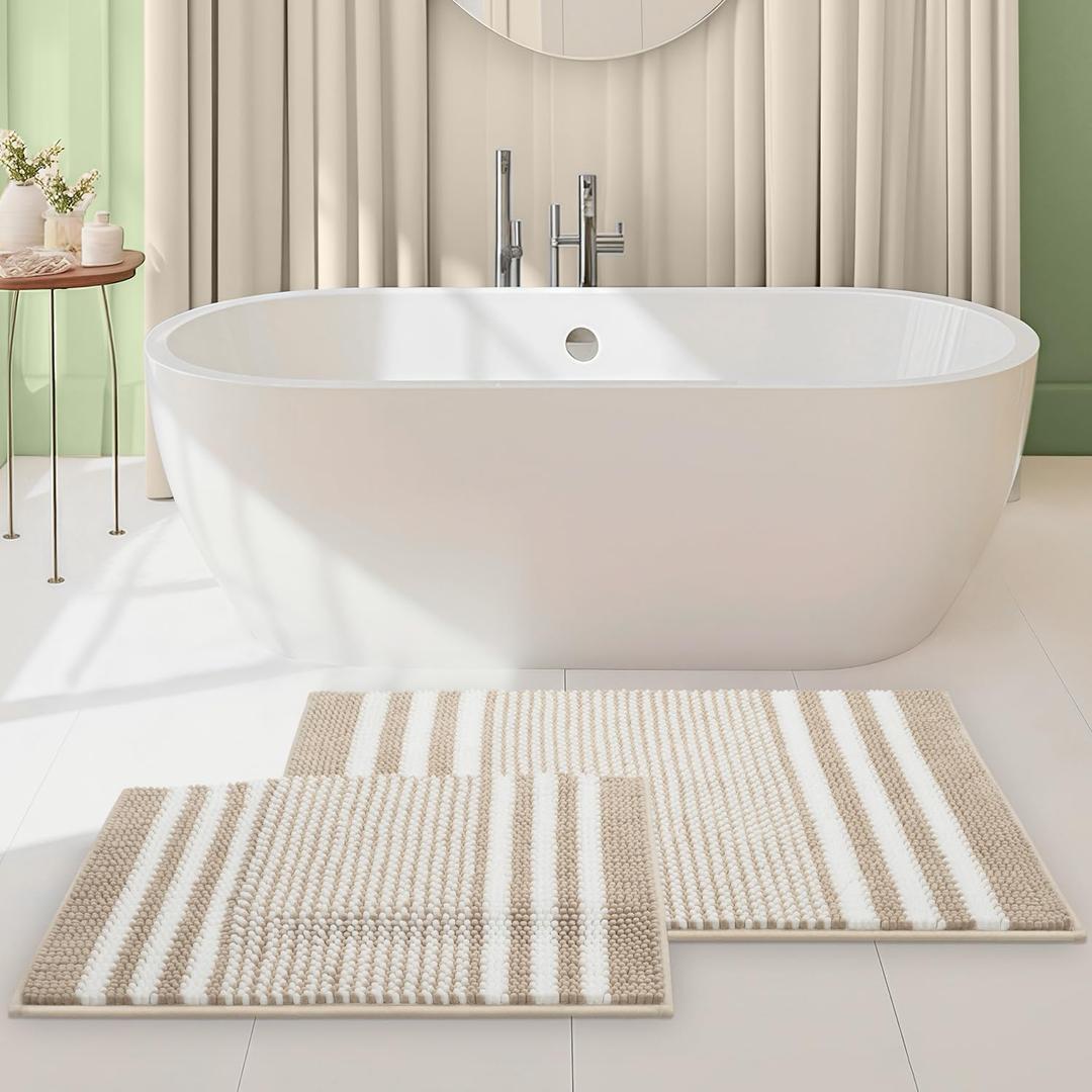 Starryle Bathroom Rugs Set 2 Piece, Extra Soft and Absorbent Fluffy Striped Chenille Bath Mat Rug Set, Non Slip Bathroom Floor Mat, Machine Washable (20" x 32" Plus 16" x 24", Khaki)
