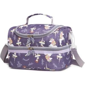 Insulated Kids Dual Compartment Lunch Bag Tote Pack for Girls Boys Toddler Kindergarten School Picnic Food Cooler Hot Water Ice with Strap (Ballet Dancer)